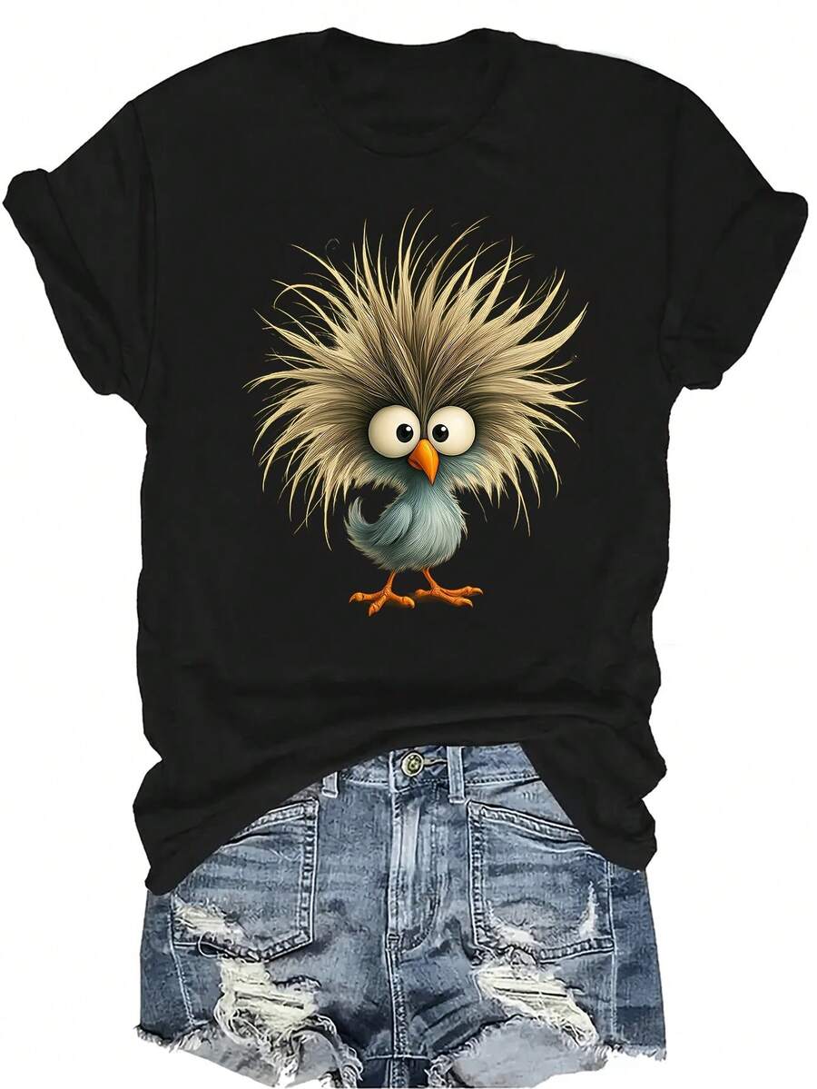 [Camiseta de Moda Casual] Camiseta de mujer suave y cómoda - Camiseta de manga corta de cuello redondo con diseño de pájaro esponjoso, regalo perfecto para la abuela y la mamá, uso casual de primavera y verano - Negro - Ver 1