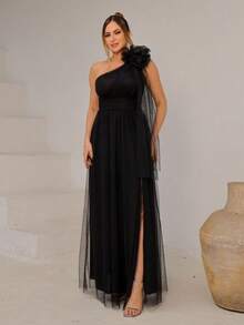 Long One-Shoulder Dress With Glittery Flower - Black - View 1