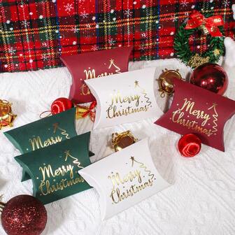 20pcs Christmas Pillow Favor Boxes With Gold Foil Merry Christmas Tree Print, White Candy Cookie Chocolate Packaging, Small Gift Box For Holiday Party, Wedding Favors, Classroom Gift Exchange, Xmas Treat Bags For Kids And Adults