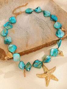1pc Bohemian Style Ocean Inspired Star Pendant Necklace With Blue-Green And Gold Beads - Versatile Women's Accessory For Vacation, Party, Casual Wear - Durable Year-Round Gift, Charm Necklace, Ocean Themed Jewelry, Stable Color Beads, Holiday Gift - Multicolor - View 8