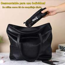 Bolsa de Maquillaje Plegable de Viaje Enrollable, Bolsa de Cosméticos 4 en 1 Desmontable Multifuncional, Bolsa de Aseo de Viaje Enrollable para Mujer con 4 Bolsas Desmontables de Malla, Colgante - Negro - Ver 3