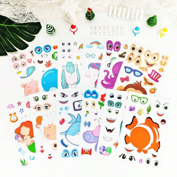 12/36 fogli Puzzle adesivi fai-da-te per bambini "Crea un volto", 12 stili diversi, adesivi "Crea un volto" per bambini, crea i tuoi adesivi, simpatici animali con adesivi intercambiabili, gioco di puzzle divertente, giocattoli educativi precoci, regali, per Natale, San Valentino, decorazione, regalo, ricompensa, attività di viaggio