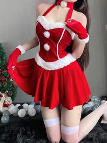 3pcs Festive Halter Mini Dress For Women, Featuring Sleeveless Design, Ruched Accents, And A Pleated A-Line Cut, Ideal For Christmas Parties