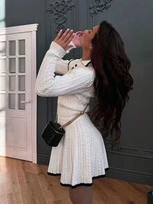 2pcs Women's Butterfly Embroidered Long Sleeve Polo Sweater And Knit Midi Skirt Set, Streetwear, Teacher Outfits, Suitable For Winter, Thanksgiving, Fall, Back To School, Party