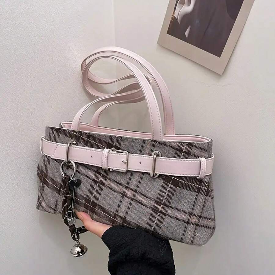 Vintage Plaid Shoulder Bag| Checkered Tote With Pendant, Perfect For Commute, Shopping & Holiday Gifts - Hồng - Xem 1