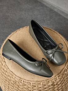 MonaNise Women's Fashion Square Toe Low Vamp Apricot Bow Flat Shoes, Black & White Outdoor Casual High-End Khaki Versatile Flats - Grey - View 3