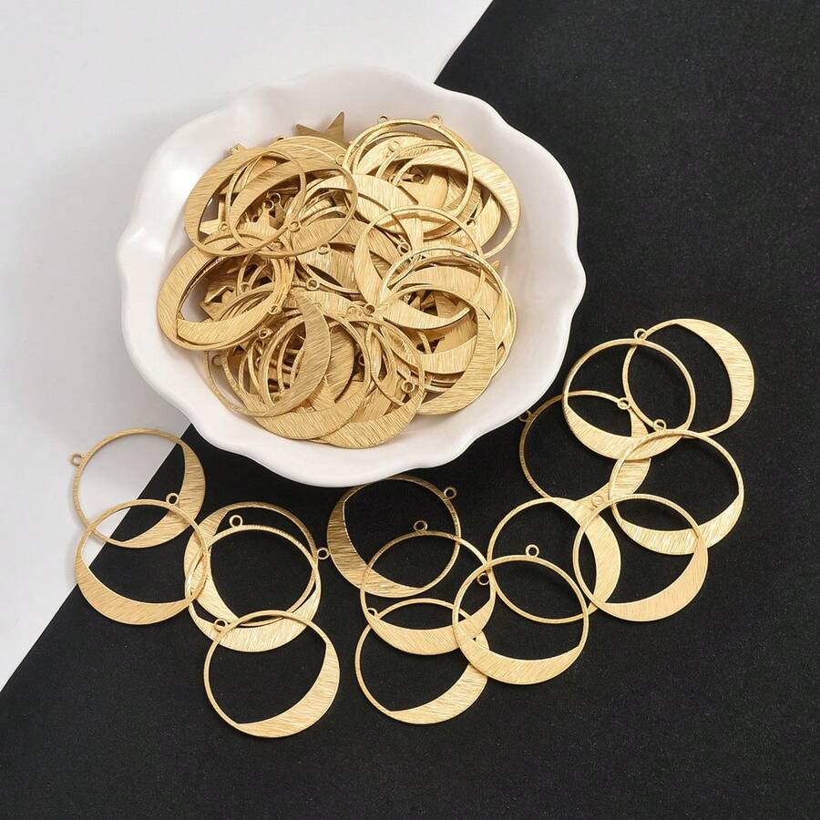 10pcs Raw Brass Single Hanging Half-Circle Earrings Pendant With Hollowed-Out And Drawbench Design, DIY Jewelry Making Supplies - Brass Color - View 1