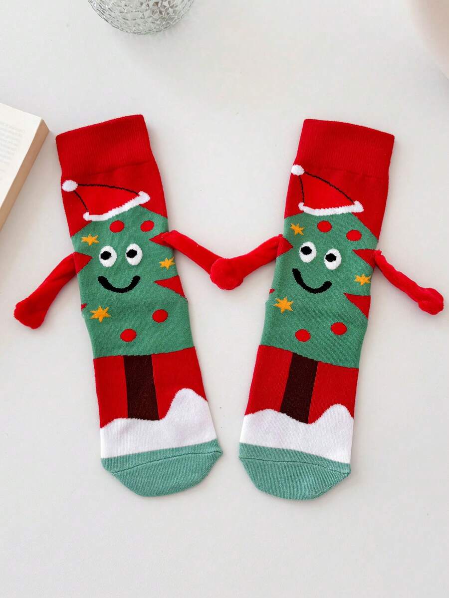 1 Par de Meias Casuais Confortáveis para Homens com Padrão Criativo e Divertido de Árvore de Natal e Mãos Dadas, Até a Panturrilha