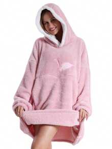 1pc Cozy Plush Fleece Hooded Blanket Sweatshirt - Reversible Oversized Unisex Adult Wearable Throw With Big Pocket, Light Gray, Hand Wash Only, Perfect Gift For Mom, Cute Sweater, Winter Warmth, Playful Fruit Design, Comfortable Fabric, Winter Comfort,Comfortable Flannel, A Must-Have For Halloween And Christmas, Nightgown, Warm And Cold-Proof