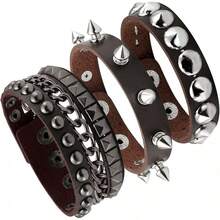 Eigso 3 Pcs Leather Punk Bracelets Men Women Of Rock Rivet Wrap Retro Spike Bracelet Adjustable - 布朗-1 - 查看 12