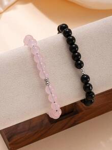 1pc Elegant Adjustable Beaded Bracelet With 8mm Natural Stone Beads In Pink And Black, Suitable For Teens, Boys, Girls, Daily Wear Or Gifts, Great For Mother's Day, Holidays, Best Friends, Couples