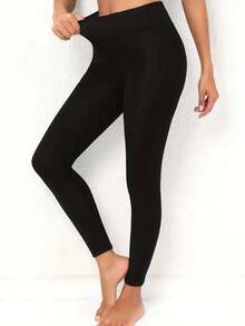 Women's Black Thermal Lined Leggings, Stretchy Polyester Full Length Base Layer Pants For Winter