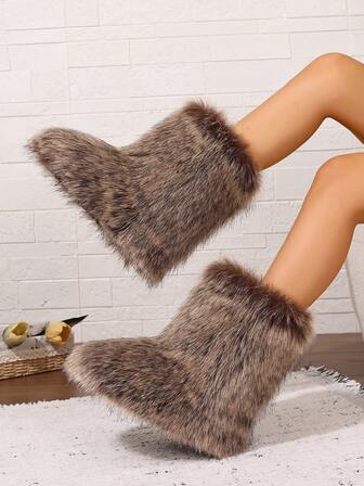 女式人造毛皮靴，纯色，时尚前卫，可爱休闲毛茸茸中筒靴，适合派对、户外、四季