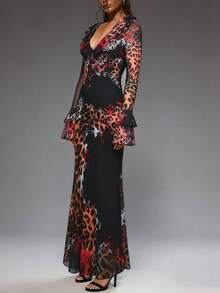 Women's Ruffle Front Pleated Sleeve Leopard Rose Print Fitted Sexy Maxi Dress - Black - View 5
