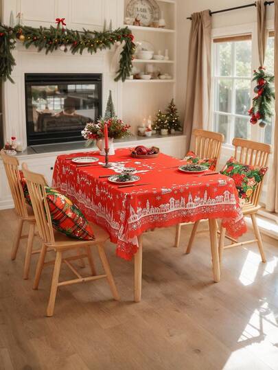 1 pieza Mantel con estampado navideño y relieve, Cubierta de mesa con tema navideño de poliéster con adorno de encaje para sala de estar, dormitorio, cocina, decoración navideña