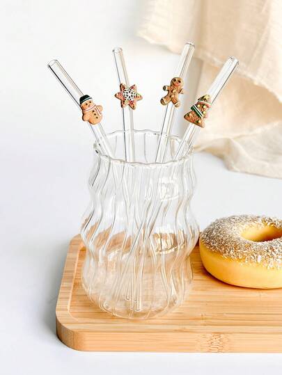 1/2/4支/1/2套可爱卡通圣诞玻璃吸管，带姜饼人吊坠，透明可重复使用防碎吸管，适用于圣诞装饰、厨房、圣诞礼物、水杯、冷饮、奶茶、咖啡、果汁、冰沙、厨房、餐厅、鸡尾酒会、返校季、送给男女朋友、父母、朋友的礼物、节日用品、万圣节、感恩节、圣诞节