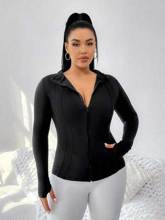 大码女式纯色长袖拇指孔紧身拉链瑜伽夹克，户外骑行外套，带口袋跑步健身夹克，秋冬