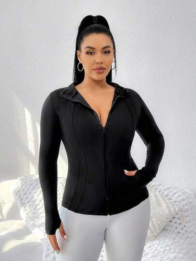 大码女式纯色长袖拇指孔紧身拉链瑜伽夹克，户外骑行外套，带口袋跑步健身夹克，秋冬