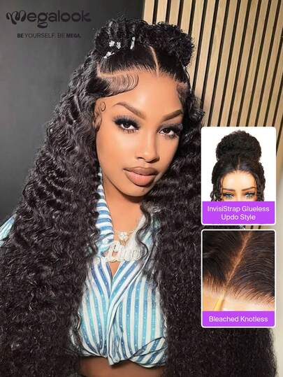 MEGALOOK 360 Lace Jerry Curly 100% Human Hair Glueless Transparent Lace Front Wig - Pull & Go Pre-All Glueless Wig Pre-Bleached Knots Pre-Plucked Natural Hairline Curly Wigs With Drawstring Cap Free Part 180% Density Natural Color