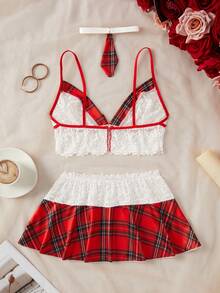 2pcs Women New Sexy Lingerie Cosplay School Girl Cute Bow Red Plaid Skirt Sexy Underwear,Halter Plaid Skirt Set, Costume,Christmas Lingerie - 紅白色 - 查看 7