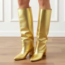 lunryet Knee High Boots Women Fold Over Knee High Boots Chunky High Heels Long Boots Zipper Pointed Toe Dress Tall Boots For Women SHAFT-1 - 金色 - 查看 8