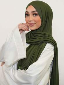1 pieza Pañuelo de mujer casual de unicolor, suave modal con ribete de volantes, pañuelo hiyab conservador liso adecuado para uso diario con vestido - Verde Oliva - Ver 3
