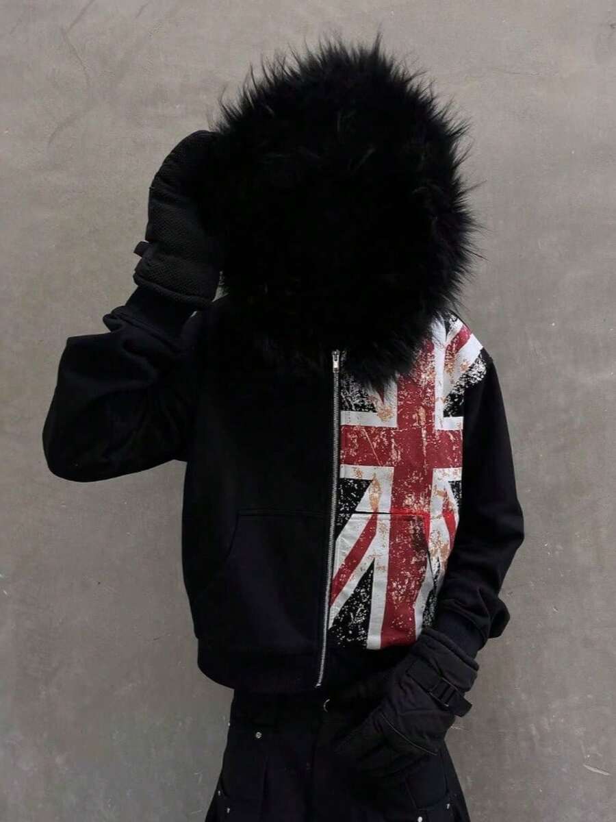 Fur Collar Print Zipper Sweater Long Sleeve Pullover Hoodie Retro Jacket Street Y2k - 黑色 - 查看 1