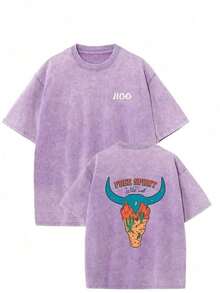 Vintage Streetwear Oversized Drop Shoulder T-Shirt - Soft Cotton, Relaxed Fit, Acid Wash, Unisex Design, Baggy Hip Hop Style, Free Spirit Print - Perfect For Casual Outings Fashion Design Soft Fabric  Loose Fit Unisex Retro Street Style - Light Purple - 查看 1