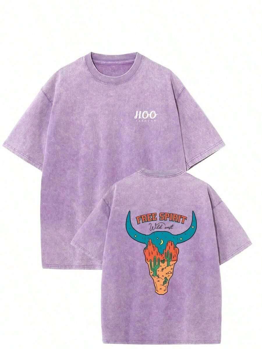 Vintage Streetwear Oversized Drop Shoulder T-Shirt - Soft Cotton, Relaxed Fit, Acid Wash, Unisex Design, Baggy Hip Hop Style, Free Spirit Print - Perfect For Casual Outings Fashion Design Soft Fabric  Loose Fit Unisex Retro Street Style - Light Purple - 查看 1