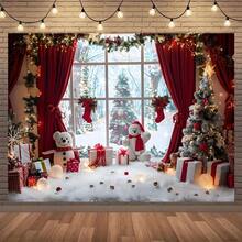 1 Stück, Weihnachts-Fotohintergrund Tuch - Lebendige ländliche Fensterszene mit Schneemännern, Bäumen und Geschenken - perfekt für Weihnachtspartys, Heimdekoration und Fotostudio-Requisiten