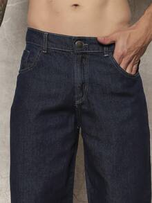 Men's Loose Cotton Jeans With Slant Pockets, Wide, Long, Washed, Skater Style, Cargo, Plain, Light Blue, Going Out, Y2K Style, For Friends, Urban, Going Out, For Work, For Vacation - 深色水洗藍 - 查看 2