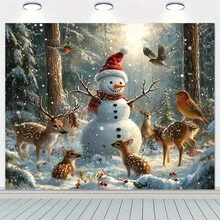 1 pieza Fondo de tela con muñeco de nieve y renos de invierno, tela de poliéster, adecuado para decoración de fiesta de Navidad, decoración de jardín, decoración de pared, decoración del hogar, fondo de fotografía, conmemoración de aniversario