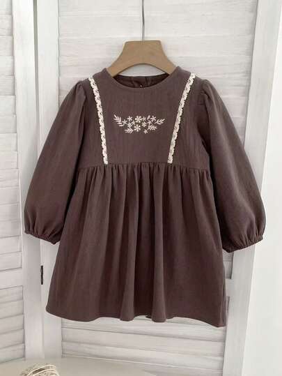 Young Girl Floral Embroidery Guipure Lace Detail Lantern Sleeve Dress