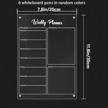 1 pièce Aimant de décoration de réfrigérateur pour planification des repas hebdomadaires (avec 6 marqueurs magnétiques pour tableau blanc aléatoires) Planificateur réutilisable, planificateur de repas hebdomadaire, tableau d'écriture transparent et effaçable pour mémos et rappels
