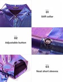 Mens Sequin Top 70s Outfit Disco Rave Party Collared T-Shirt Short Sleeve Breathable Metallic Shirthalloween - 紫色 - 查看 3
