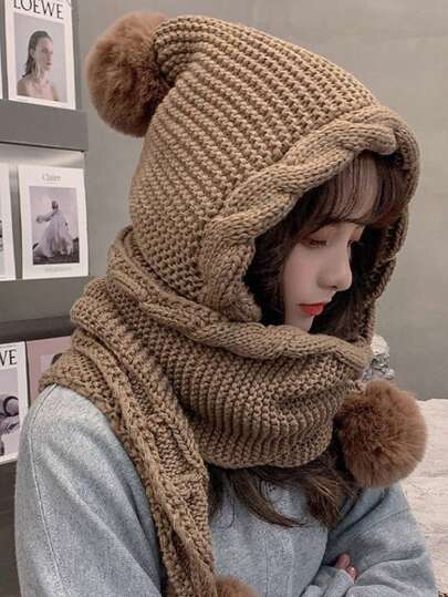 1pc Women's Autumn/Winter Hat & Scarf Set, Cute Pom Pom Knitted Hat, Ear Warmer Thick Knitted Hat, Outdoor Cold-Proof Hat, Suitable For Daily Wear Women Winter Clothes Valentines Gift