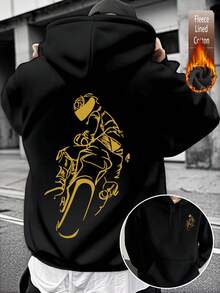 Men's Black Hoodie, Street Style Motorcycle Rider Graphic Print Design, Warm Loose Fit Hooded Sweatshirt, Versatile Street Wear - Black - View 1