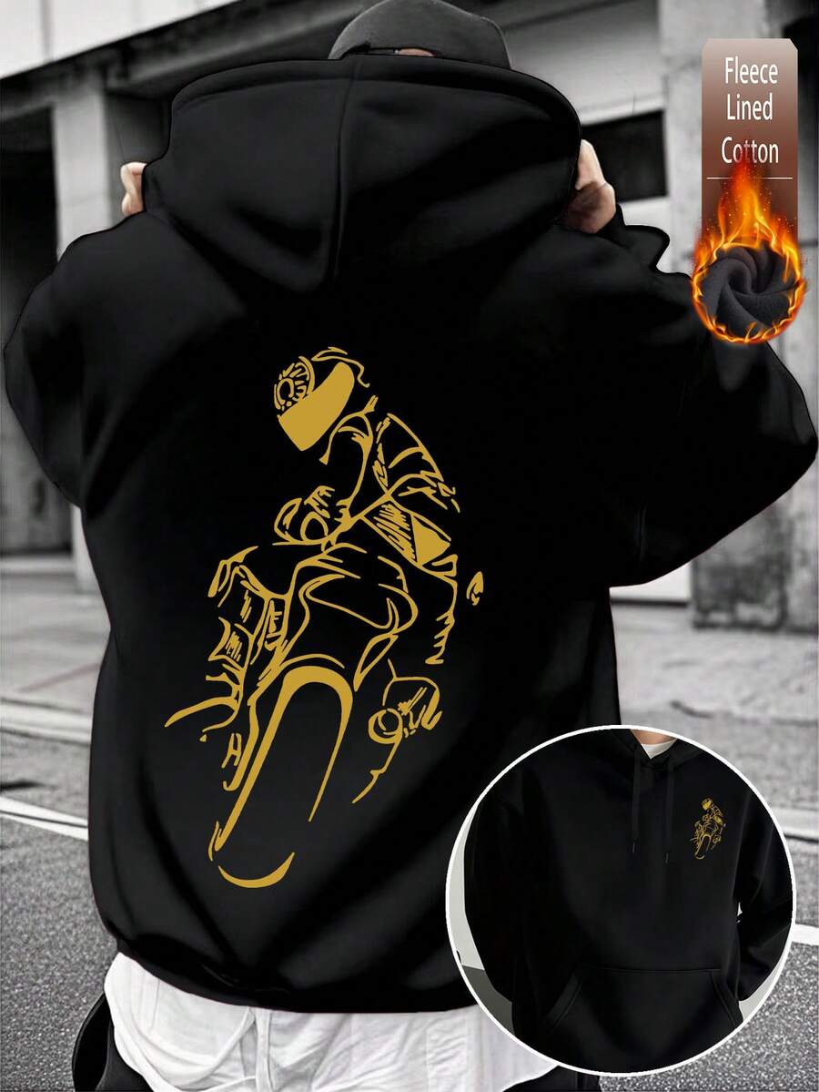 Men's Black Hoodie, Street Style Motorcycle Rider Graphic Print Design, Warm Loose Fit Hooded Sweatshirt, Versatile Street Wear - Black - View 1