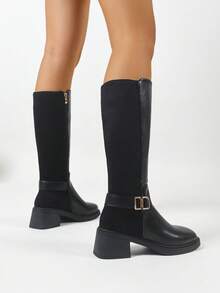 2025 Botas Femininas Cano Alto de Salto Grosso, Bico Redondo, Outono/Inverno Mais Recente, Retalhos de Couro e Camurça, Estilo Ocidental, Confortável, Casual, Elegante, Sexy, Moda, Adequado para Bailes, Festas, Festivais de Música, Passeios ao Ar Livre, Etc.