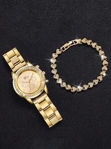 2pcs/Set Women's Quartz Wrist Watch With Steel Band, Rhinestone Accents, 3-Eye Roman Numeral Dial + Bracelet, Watch Box Not Included - Gold - View 4