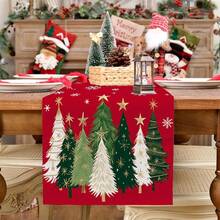 1pc Christmas Table Runner, Christmas Tree & Snowflake Winter Holiday Decor, Farmhouse Dining Table Decoration, 100% Polyester Linen-Like, Suitable For Kitchen, Dining Table, Coffee Table, Holidays, Parties, Weddings - Red - View 3