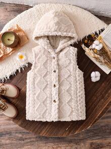 1pc Spring/Autumn New Young Girl Vest Jacket, Young Girl Beige Sleeveless Hooded Plush Decorated Vest Jacket, Young Girl Fashion Soft Warm Casual - Beige - View 1