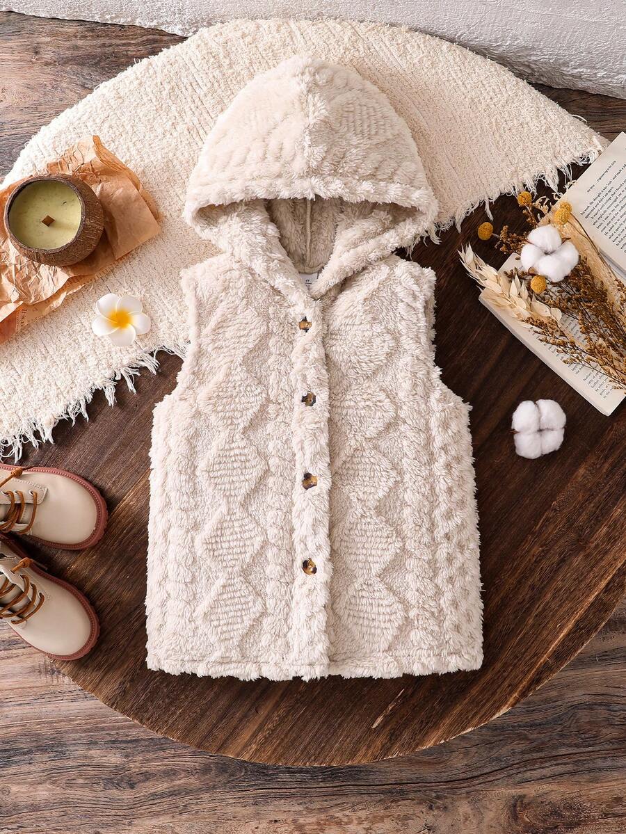 1pc Spring/Autumn New Young Girl Vest Jacket, Young Girl Beige Sleeveless Hooded Plush Decorated Vest Jacket, Young Girl Fashion Soft Warm Casual - Beige - View 1