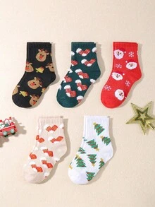 5 Pairs Kids Christmas Santa Claus Cartoon Pattern Christmas Socks, Christmas Holiday Gift Socks