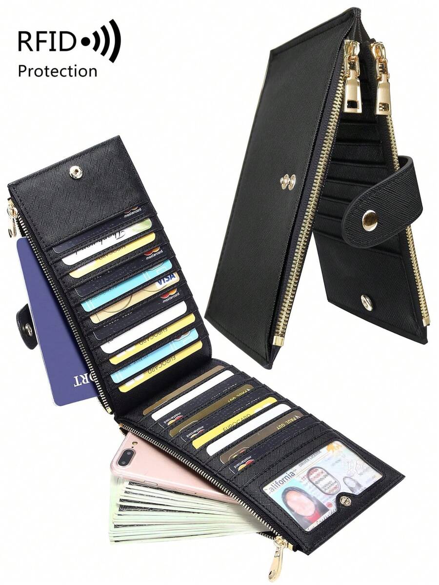 MIYIN 时尚简约拉链钱包多功能卡包 PU 皮革硬币纯色女士钱包 RFID 屏蔽双折多卡包钱包大容量手机钱包带双拉链口袋和多个卡槽 ID 窗口适合日常抢劫女士钱包钱包钱包长钱包 - 彩色 - 查看 1