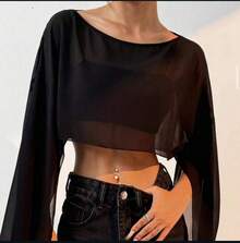 Cropped Tulle Cape With Open, Flowing Sleeves - Black - View 3