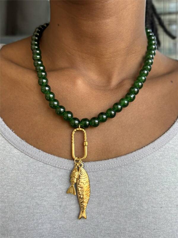 New Handmade Green Beaded Necklace With Stainless Steel Small Fish Pendant