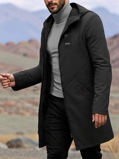 男士轻便透气风衣夹克，带可调节兜帽和抽绳，大口袋，拉链开合 - 休闲长款外套，适合日常穿着、约会、旅行 - 春秋必备，风衣夹克，春季外套，简约风格，耐用面料