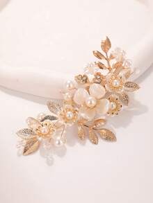 1pc New Korean Style Bridal Wedding Headpiece, Handmade Pink Shell Petal & Pearl Crystal Hair Clip Accessory