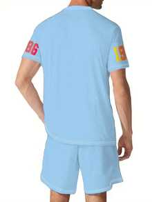 2 件男士图案印花圆领 T 恤和短裤套装，夏季服装 - 中等水洗藍 - 查看 2